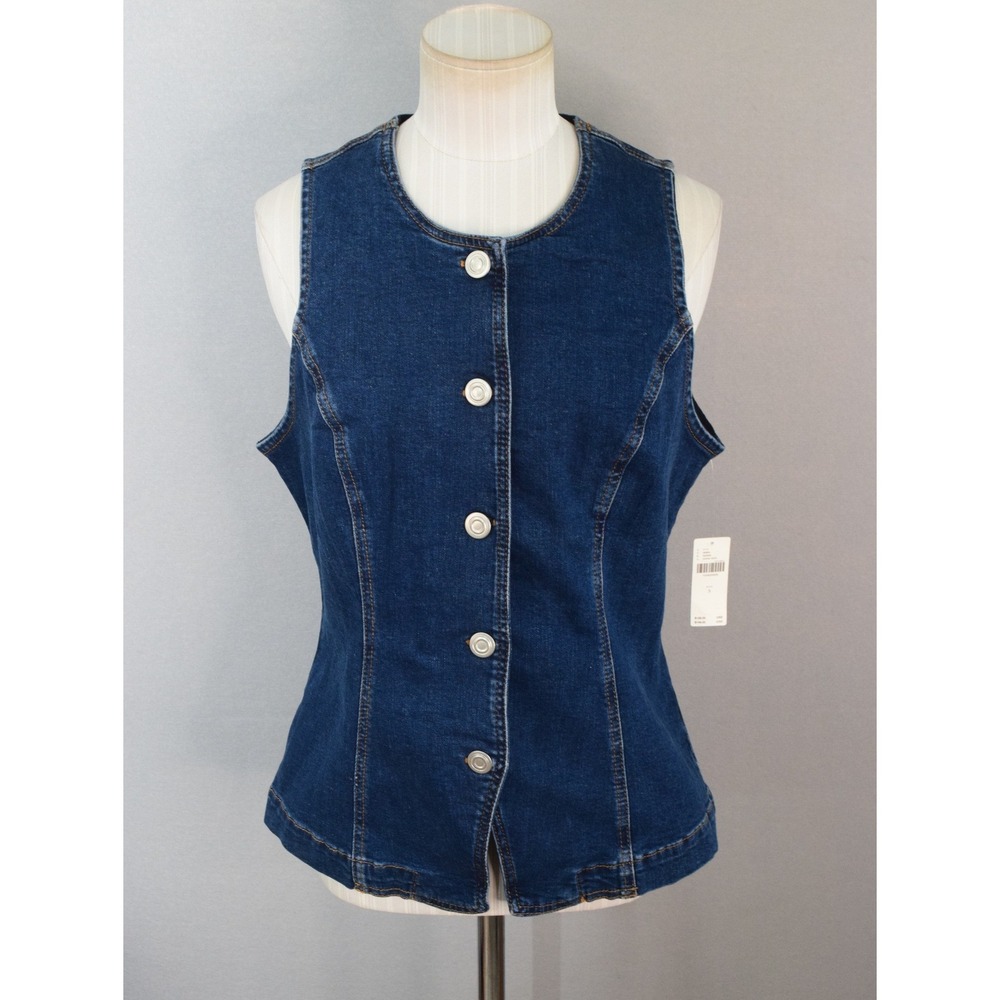 Maeve Denim Vest Small Dark Wash Button Front Tailored Women New Crew Neck
